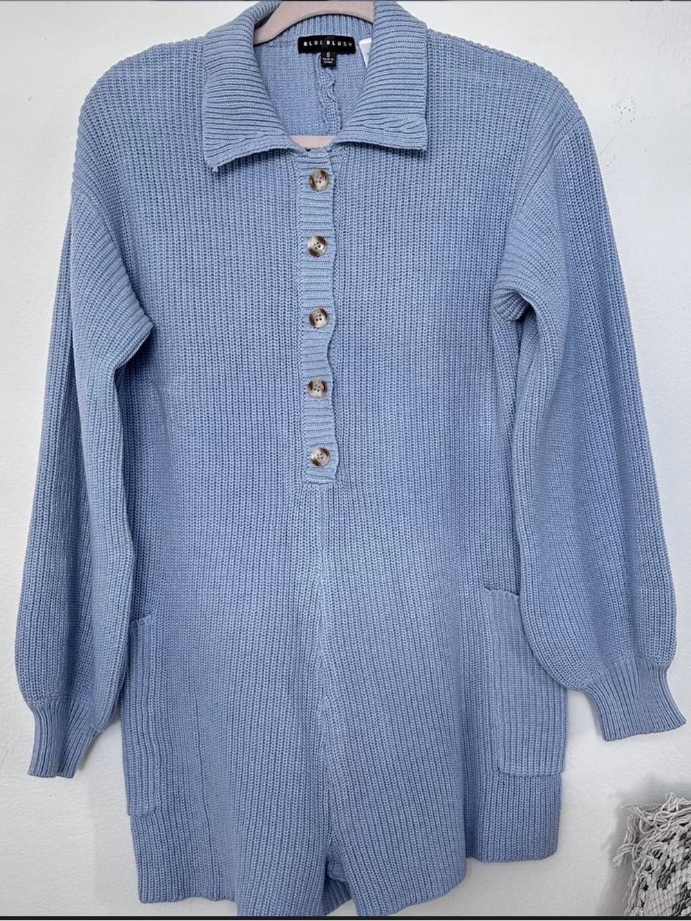 Blue Blush Powder Blue Long Sleeve Knit Romper